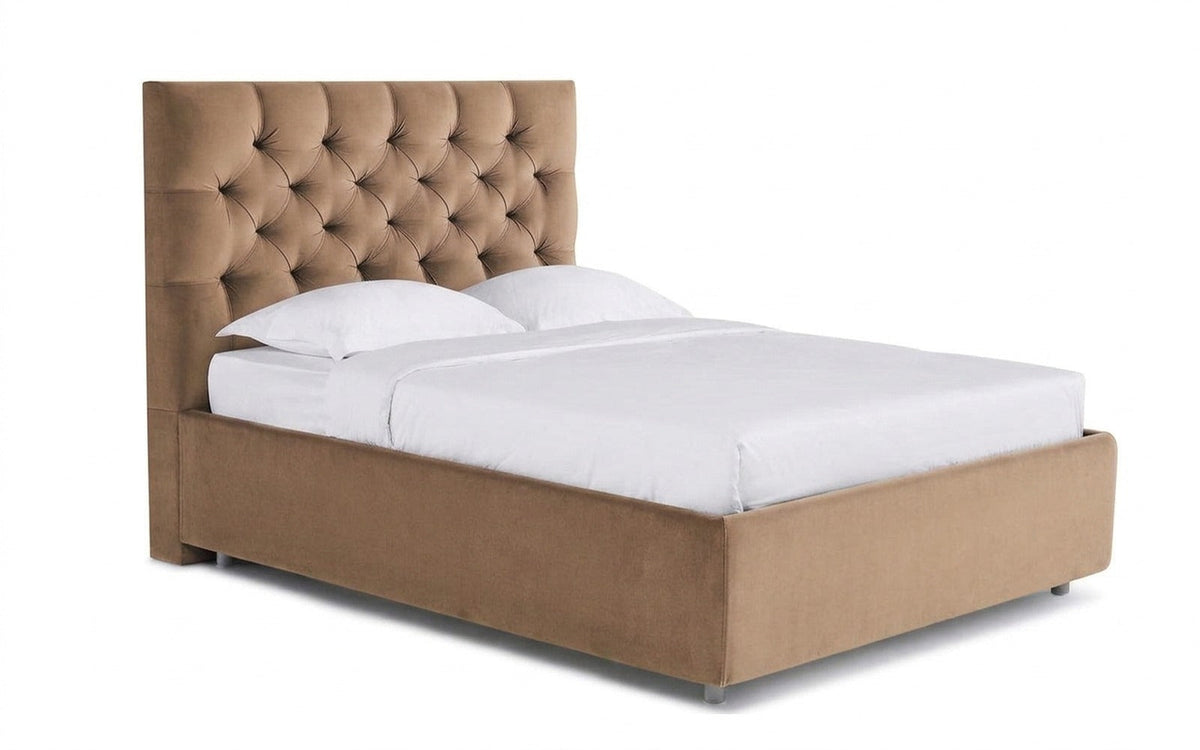 Arina bed in Casanova Beige fabric, product photo on white background