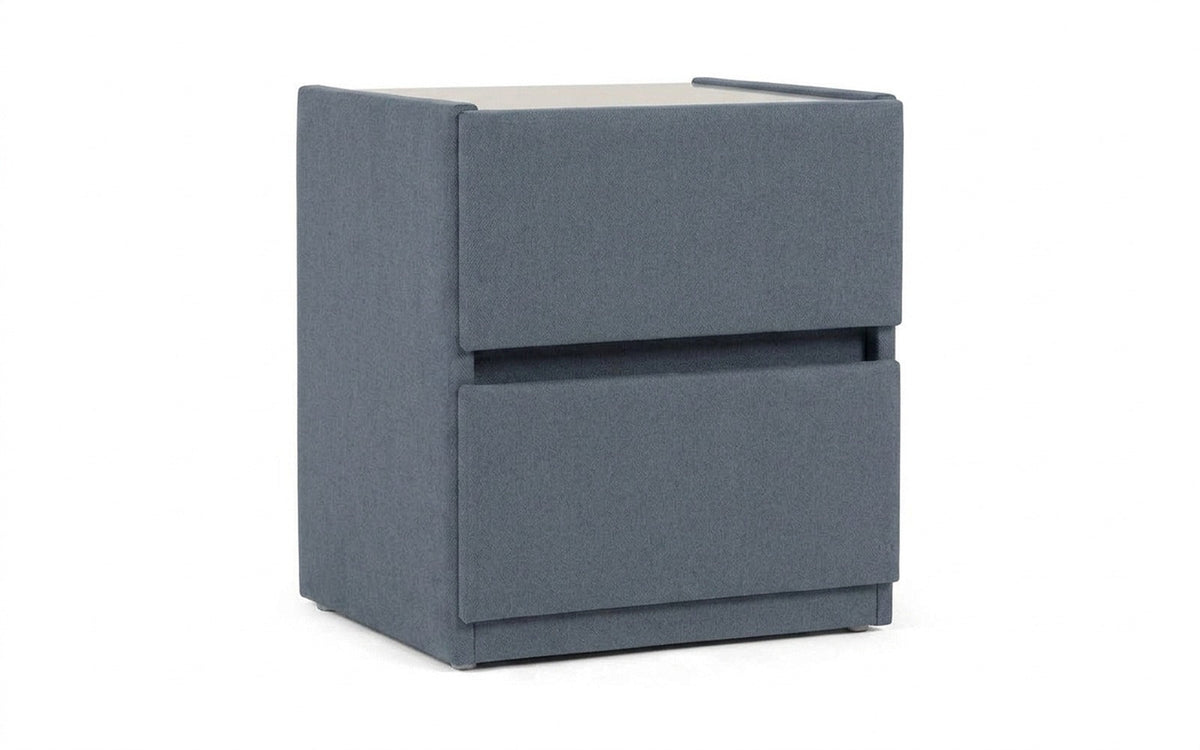 Oscar nightstand in Prime Blue fabric, product photo on white background